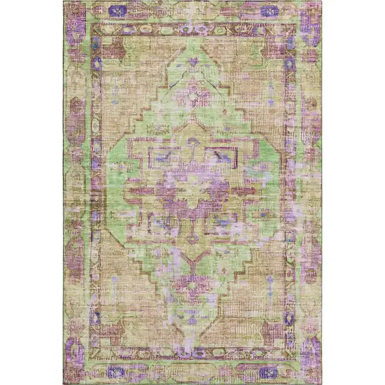 Lime Green Purple And Beige Oriental Washable Area Rug With UV Protection Photo 1