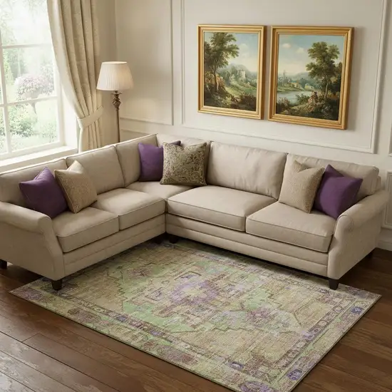 Lime Green Purple And Beige Oriental Washable Area Rug With UV Protection Photo 2
