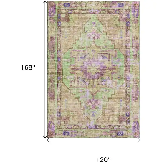 Lime Green Purple And Beige Oriental Washable Area Rug With UV Protection Photo 9