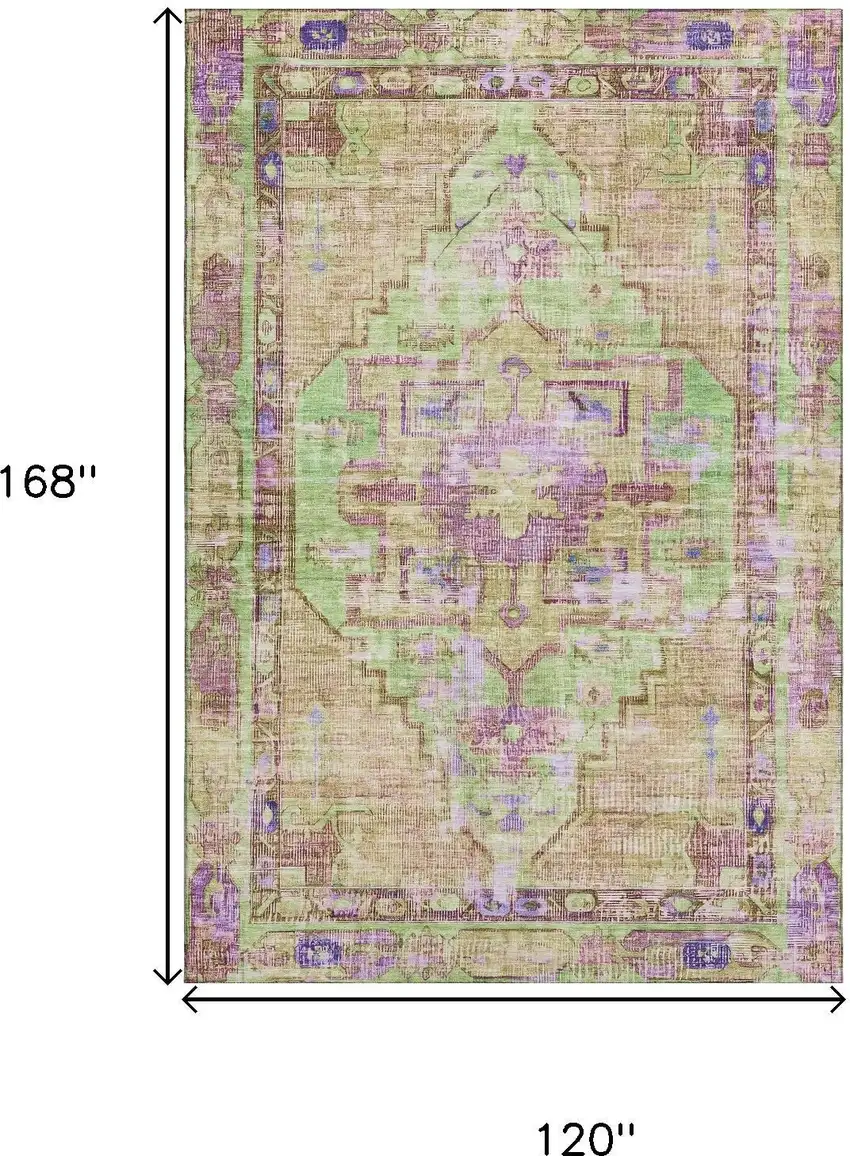Lime Green Purple And Beige Oriental Washable Area Rug With UV Protection Photo 9