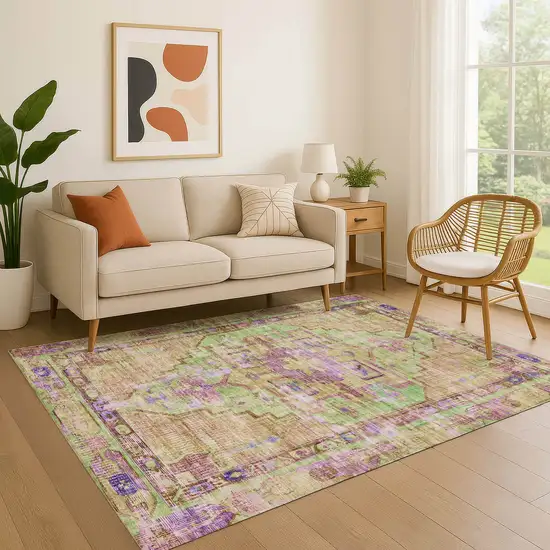 Lime Green Purple And Beige Oriental Washable Area Rug With UV Protection Photo 4
