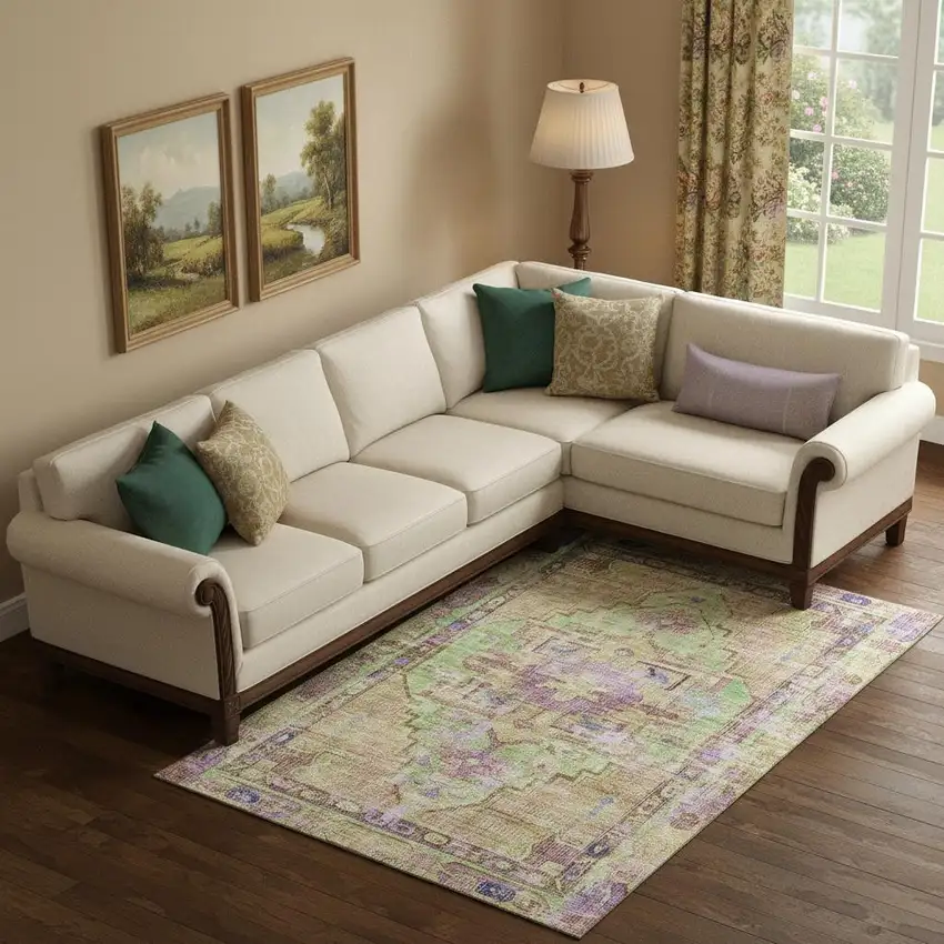 Lime Green Purple And Beige Oriental Washable Area Rug With UV Protection Photo 2