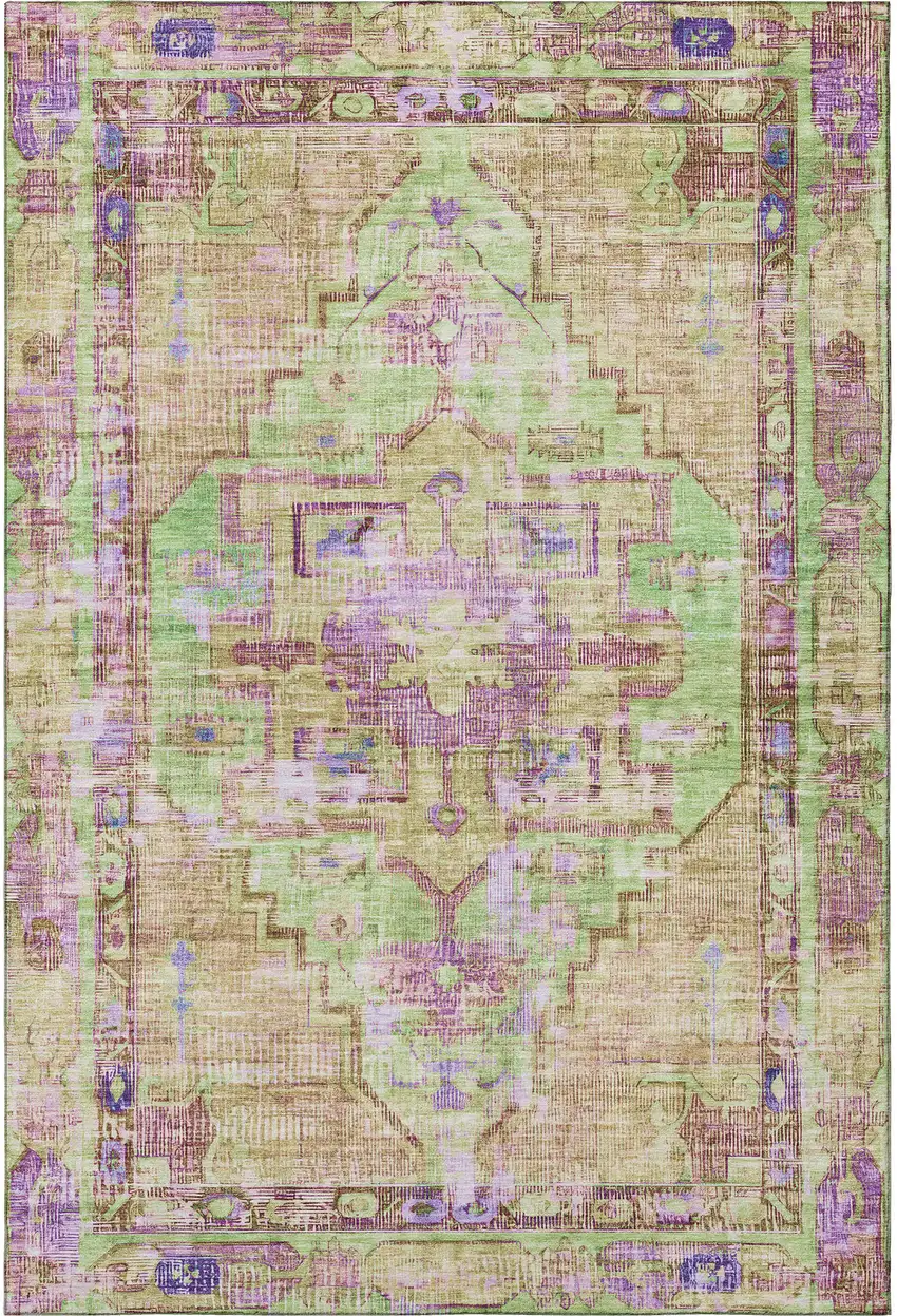 Lime Green Purple And Beige Oriental Washable Area Rug With UV Protection Photo 3