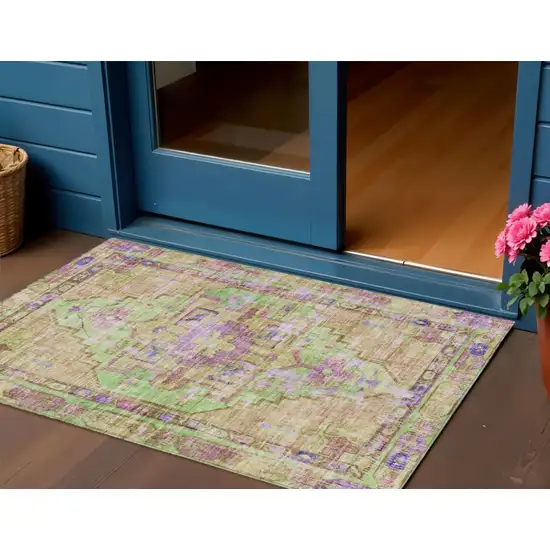 Lime Green Purple And Beige Oriental Washable Indoor Outdoor Area Rug Photo 2