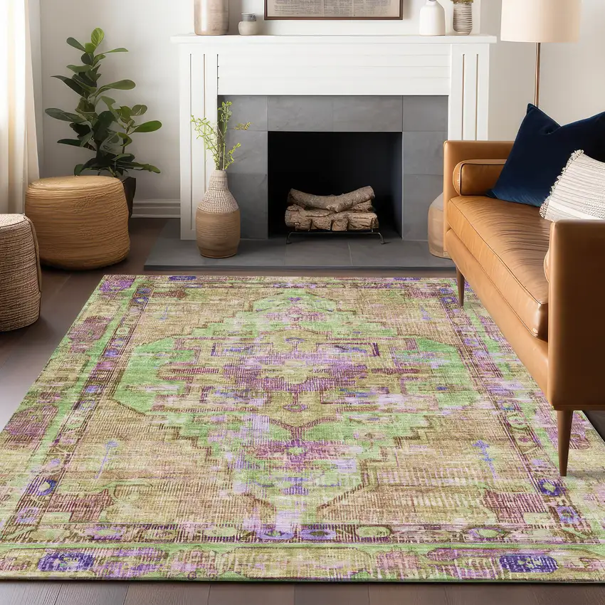 Lime Green Purple And Beige Oriental Washable Indoor Outdoor Area Rug Photo 6