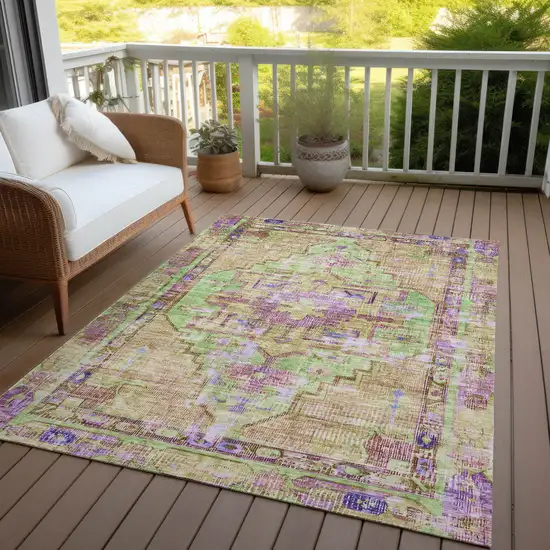 Lime Green Purple And Beige Oriental Washable Indoor Outdoor Area Rug Photo 5