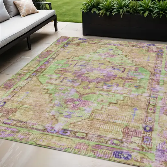 Lime Green Purple And Beige Oriental Washable Indoor Outdoor Area Rug Photo 2