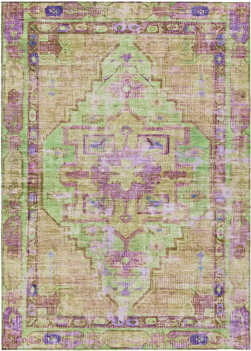 Lime Green Purple And Beige Oriental Washable Indoor Outdoor Area Rug Photo 1