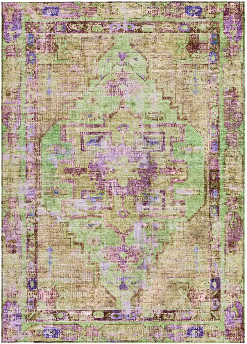 Lime Green Purple And Beige Oriental Washable Indoor Outdoor Area Rug Photo 4