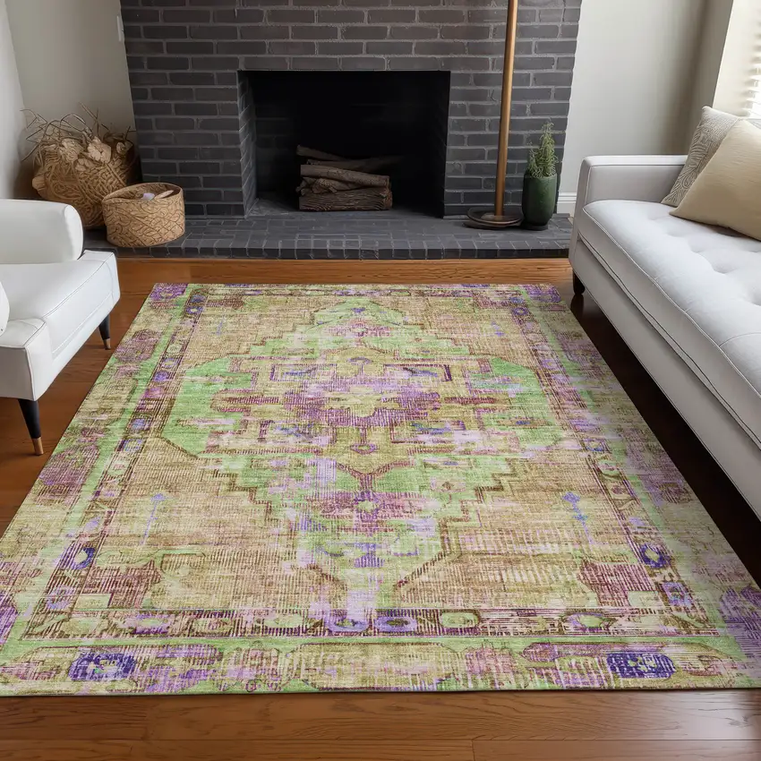 Lime Green Purple And Beige Oriental Washable Indoor Outdoor Area Rug Photo 7