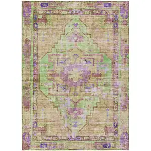 Photo of Lime Green Purple And Beige Oriental Washable Indoor Outdoor Area Rug