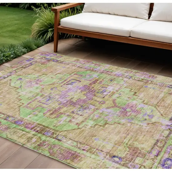 Lime Green Purple And Beige Oriental Washable Indoor Outdoor Area Rug Photo 2