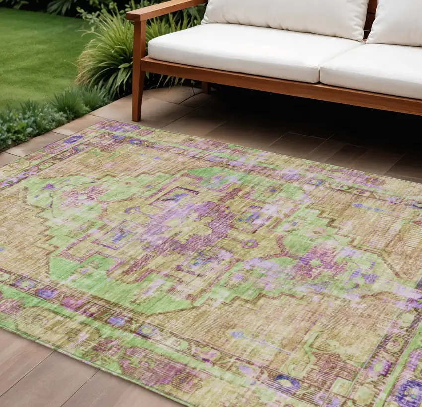 Lime Green Purple And Beige Oriental Washable Indoor Outdoor Area Rug Photo 2