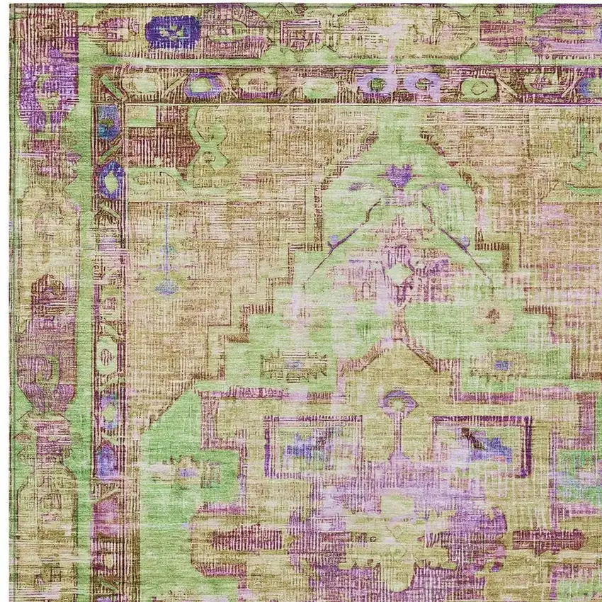 Lime Green Purple And Beige Oriental Washable Indoor Outdoor Area Rug Photo 3