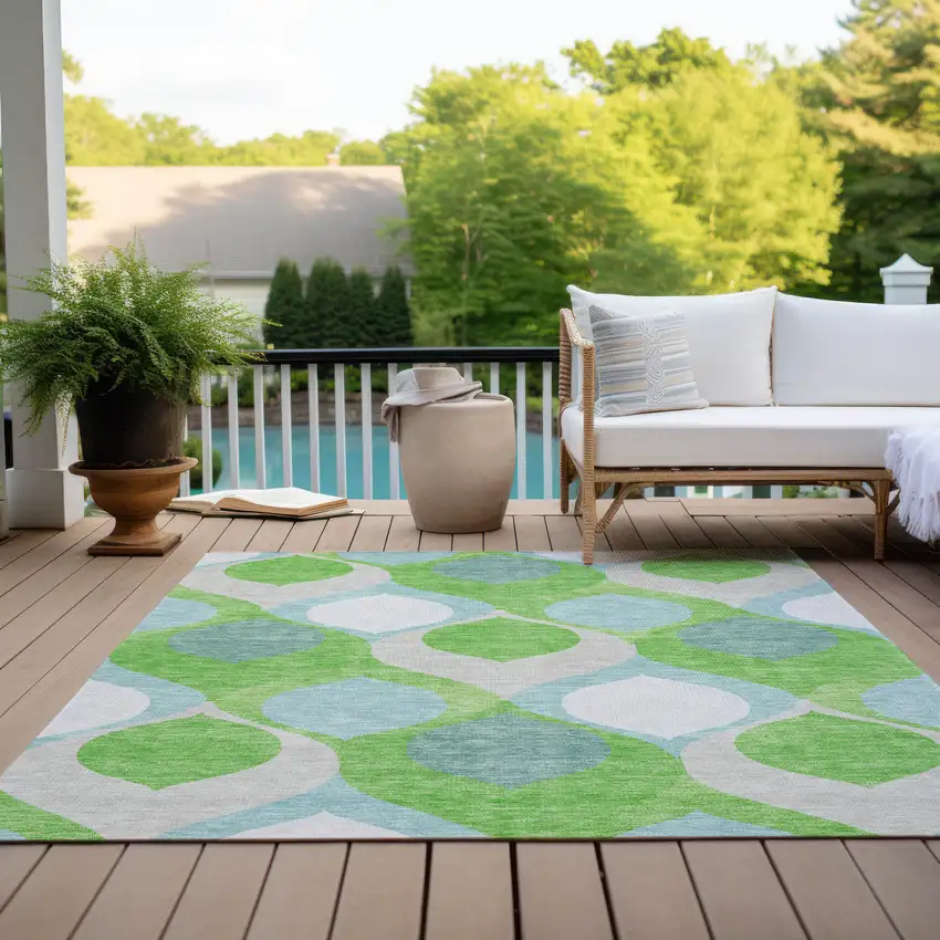 Lime Green Sky Blue And Denim Blue Ogee Washable Indoor Outdoor Area Rug Photo 9