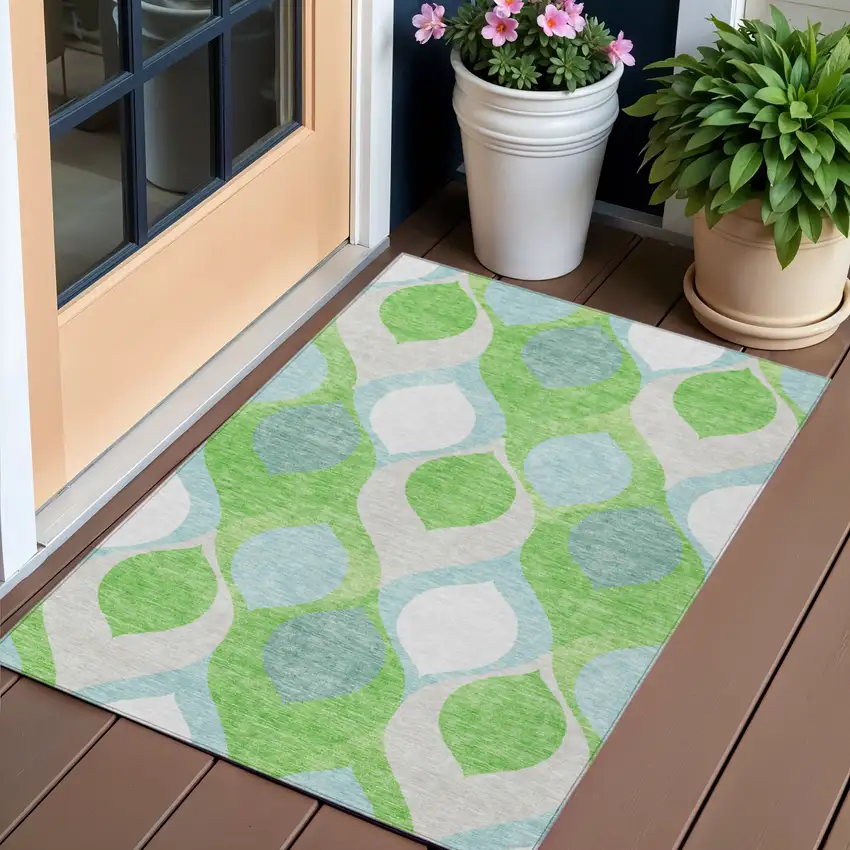Lime Green Sky Blue And Denim Blue Ogee Washable Indoor Outdoor Area Rug Photo 1