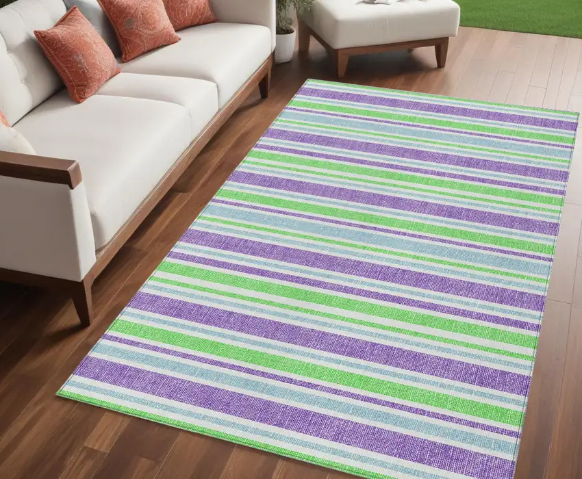 Green Purple and Blue Striped Washable Non Skid Indoor Outdoor Area Rug Photo 1