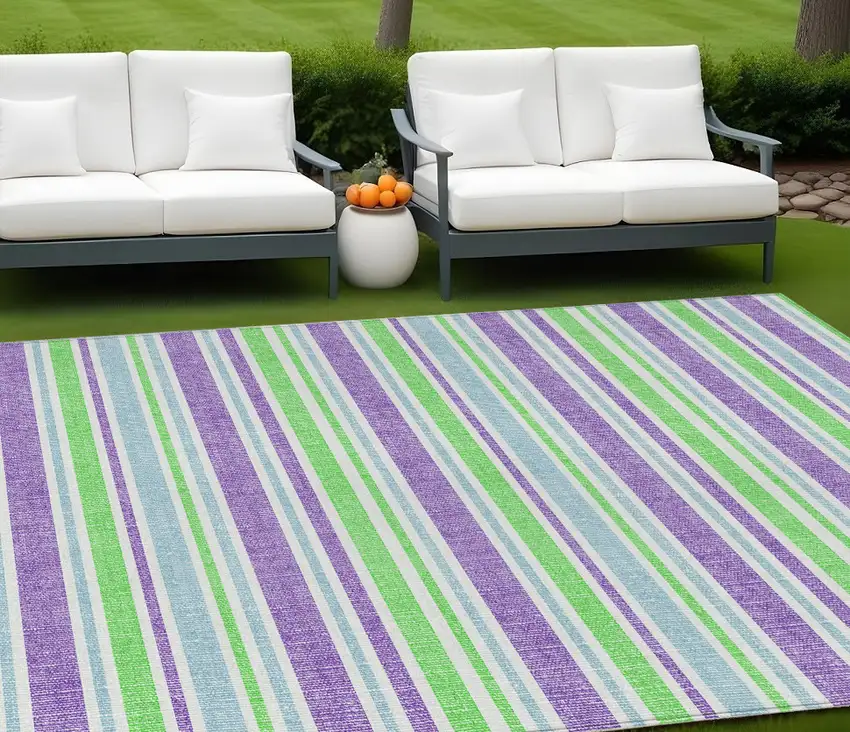 Green Purple and Blue Striped Washable Non Skid Indoor Outdoor Area Rug Photo 1