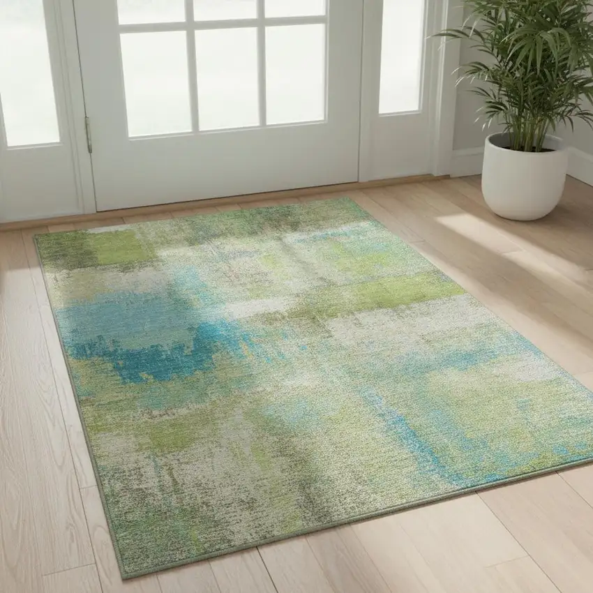 Lime Green Teal And Ivory Abstract Washable Area Rug With UV Protection Photo 2