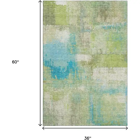 Lime Green Teal And Ivory Abstract Washable Area Rug With UV Protection Photo 3