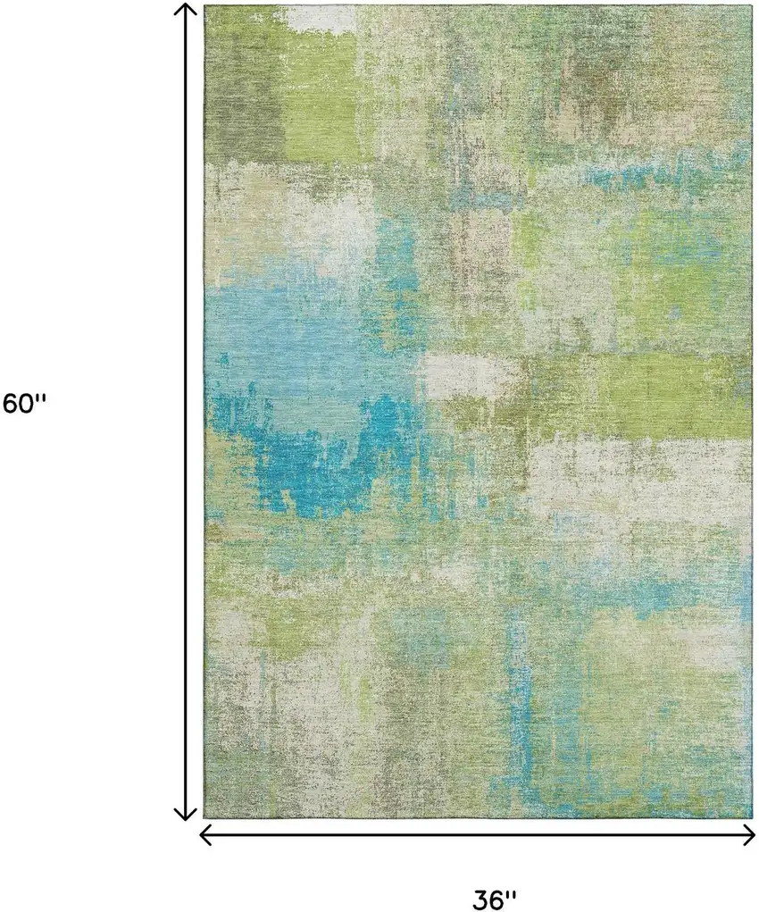 Lime Green Teal And Ivory Abstract Washable Area Rug With UV Protection Photo 3