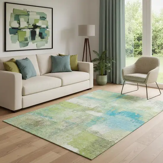 Lime Green Teal And Ivory Abstract Washable Area Rug With UV Protection Photo 2