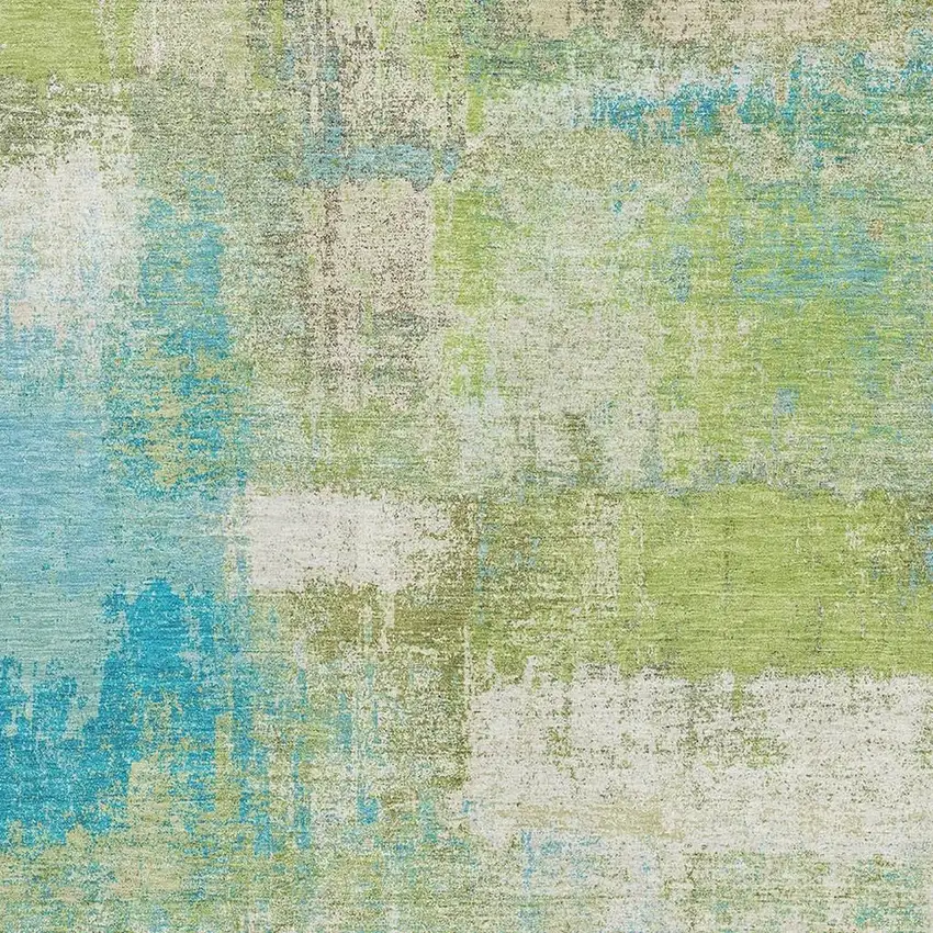Lime Green Teal And Ivory Abstract Washable Area Rug With UV Protection Photo 2