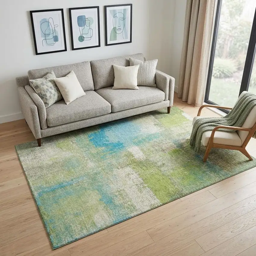 Lime Green Teal And Ivory Abstract Washable Area Rug With UV Protection Photo 1