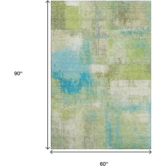 Lime Green Teal And Ivory Abstract Washable Area Rug With UV Protection Photo 7