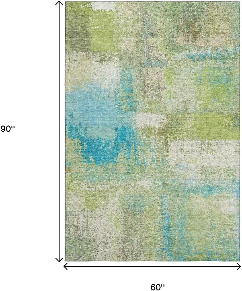 Lime Green Teal And Ivory Abstract Washable Area Rug With UV Protection Photo 7