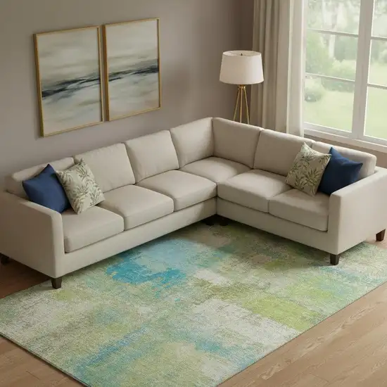 Lime Green Teal And Ivory Abstract Washable Area Rug With UV Protection Photo 2