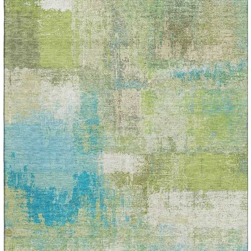Lime Green Teal And Ivory Abstract Washable Area Rug With UV Protection Photo 2