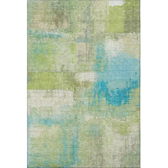 Lime Green Teal And Ivory Abstract Washable Area Rug With UV Protection Photo 3