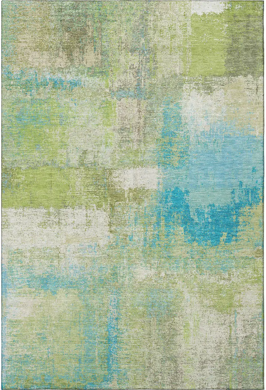 Lime Green Teal And Ivory Abstract Washable Area Rug With UV Protection Photo 3