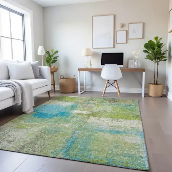 Lime Green Teal And Ivory Abstract Washable Area Rug With UV Protection Photo 4