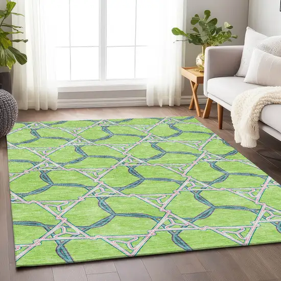 Lime Green Teal And Ivory Geometric Washable Area Rug With UV Protection Photo 4