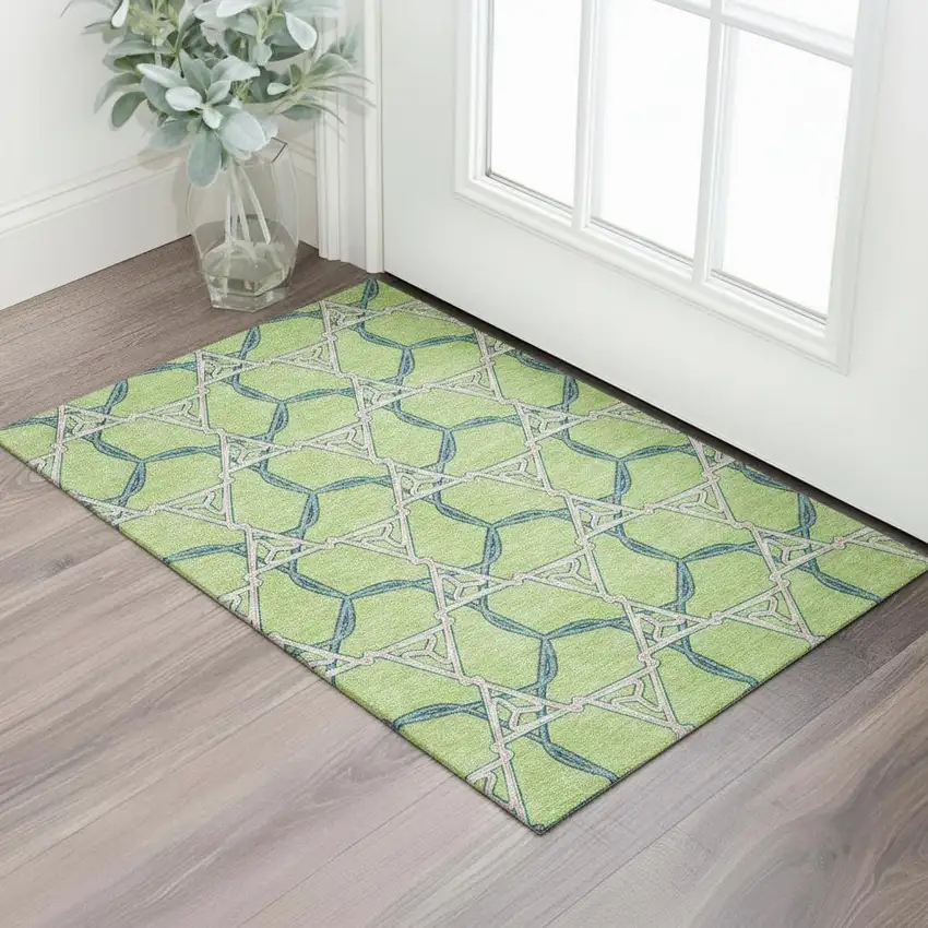 Lime Green Teal And Ivory Geometric Washable Area Rug With UV Protection Photo 2