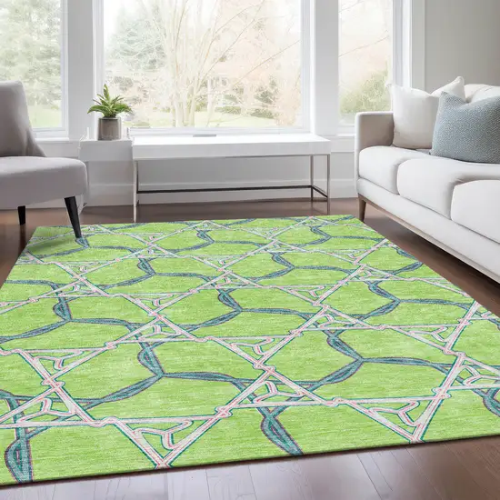 Lime Green Teal And Ivory Geometric Washable Area Rug With UV Protection Photo 5
