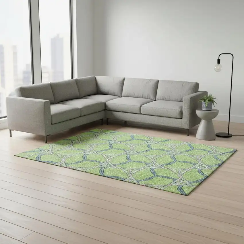 Lime Green Teal And Ivory Geometric Washable Area Rug With UV Protection Photo 2