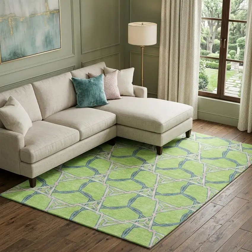 Lime Green Teal And Ivory Geometric Washable Area Rug With UV Protection Photo 1
