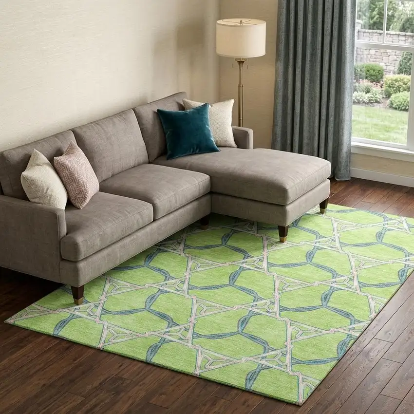 Lime Green Teal And Ivory Geometric Washable Area Rug With UV Protection Photo 1
