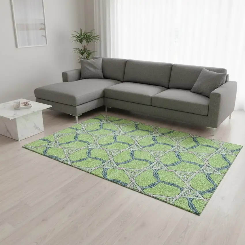 Lime Green Teal And Ivory Geometric Washable Area Rug With UV Protection Photo 2