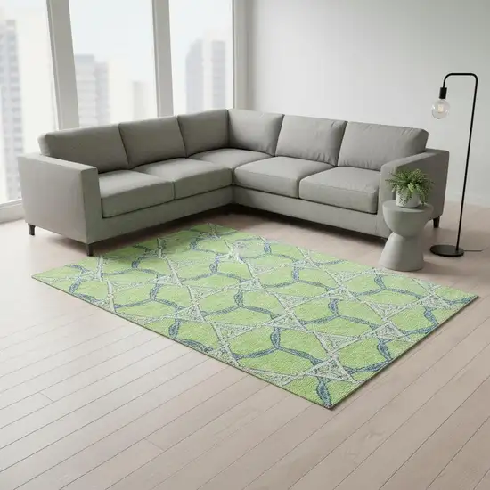 Lime Green Teal And Ivory Geometric Washable Area Rug With UV Protection Photo 2