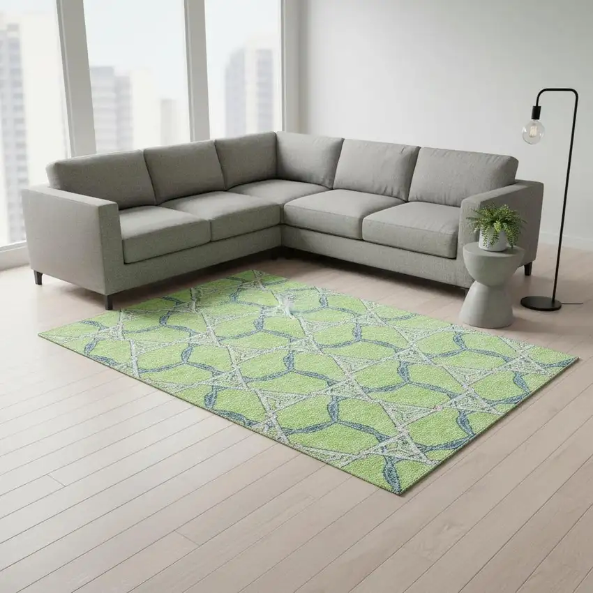Lime Green Teal And Ivory Geometric Washable Area Rug With UV Protection Photo 2