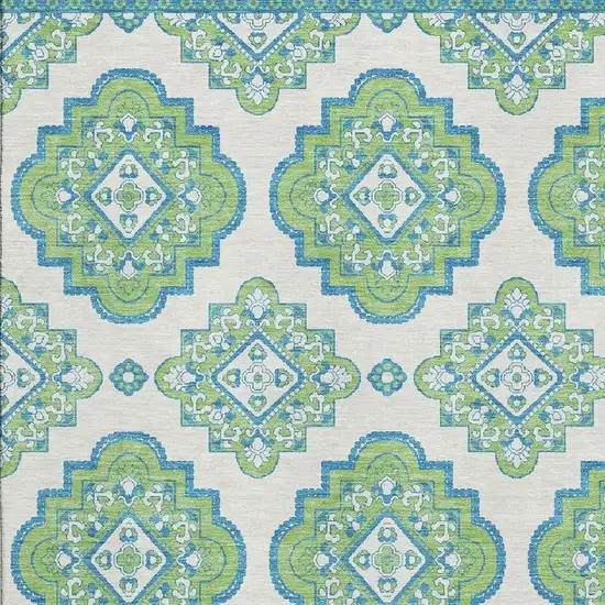 Lime Green Teal And Ivory Medallion Washable Area Rug With UV Protection Photo 3