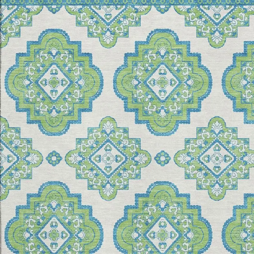 Lime Green Teal And Ivory Medallion Washable Area Rug With UV Protection Photo 3