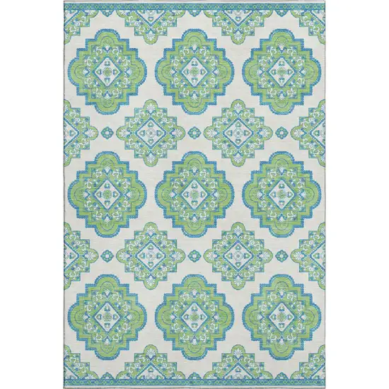 Lime Green Teal And Ivory Medallion Washable Area Rug With UV Protection Photo 1