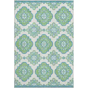 Photo of Lime Green Teal And Ivory Medallion Washable Area Rug With UV Protection