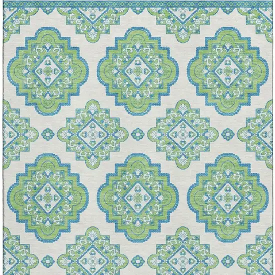 Lime Green Teal And Ivory Medallion Washable Area Rug With UV Protection Photo 4