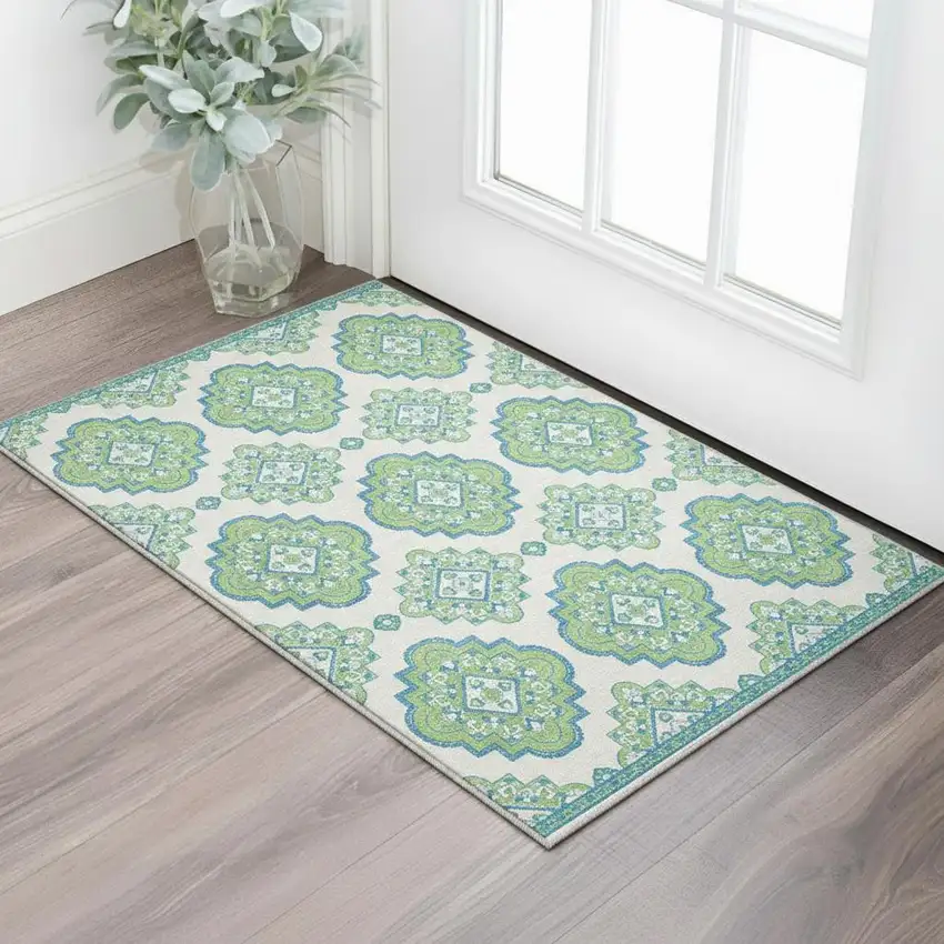 Lime Green Teal And Ivory Medallion Washable Area Rug With UV Protection Photo 2